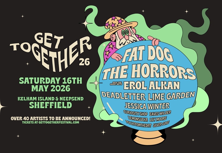 Illustrated festival poster for “Get Together 26” featuring a cartoon wizard holding a crystal ball listing artists.