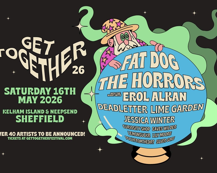 Illustrated festival poster for “Get Together 26” featuring a cartoon wizard holding a crystal ball listing artists.