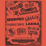 Bright orange punk festival poster with black distressed graphics and text. It announces “Noise Annoys International Punk Festival Sheffield UK” from 22–24 May 2026. Featured band names include SEEINRED, LARMA, AYUCABA, AN SLUA, MOTHER NATURE, and others, with chaotic, stylised fonts and a skull-and-crossbones graphic. Bottom text mentions full line-up and tickets coming February 2026, with website lughole.org and social media handles.