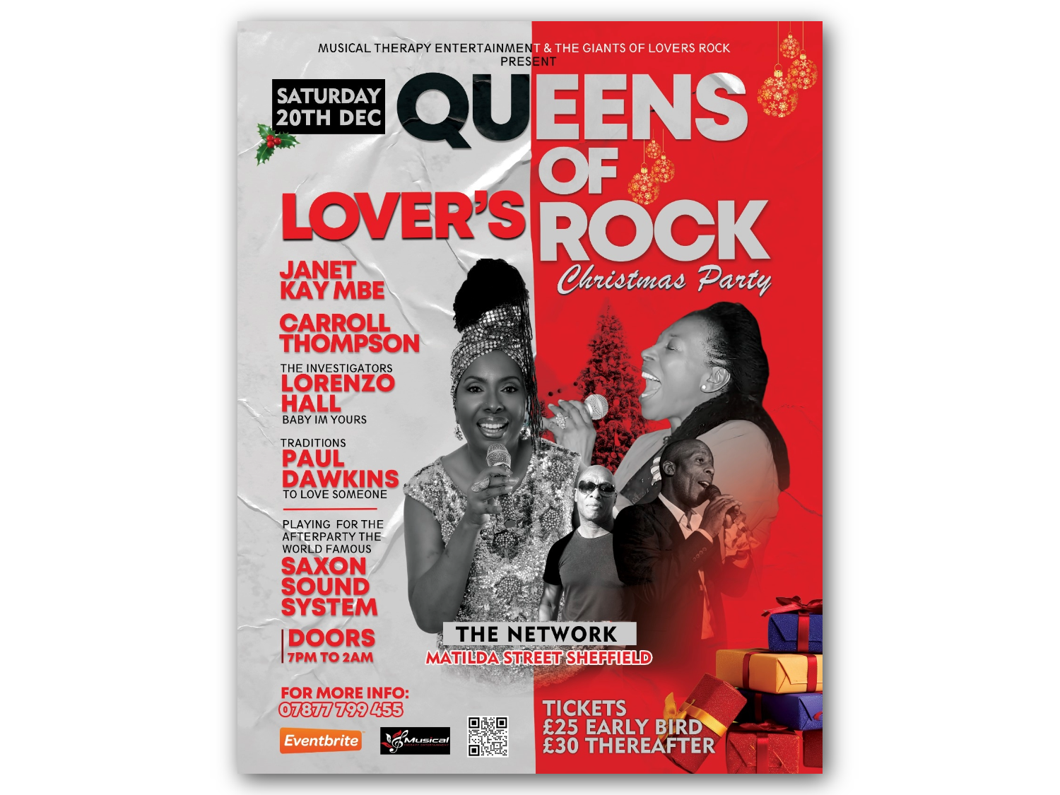 Poster for “Queens of Rock Christmas Party” on Saturday, 20th December, presented by Musical Therapy Entertainment & The Giants of Lovers Rock. Features event details: performers Janet Kay MBE, Carroll Thompson, Lorenzo Hall, Paul Dawkins, and Saxon Sound System for the afterparty. Venue: The Network, Matilda Street, Sheffield. Doors open 7 PM to 2 AM. Tickets: £25 early bird, £30 thereafter. Includes festive decorations and wrapped gifts at the bottom.