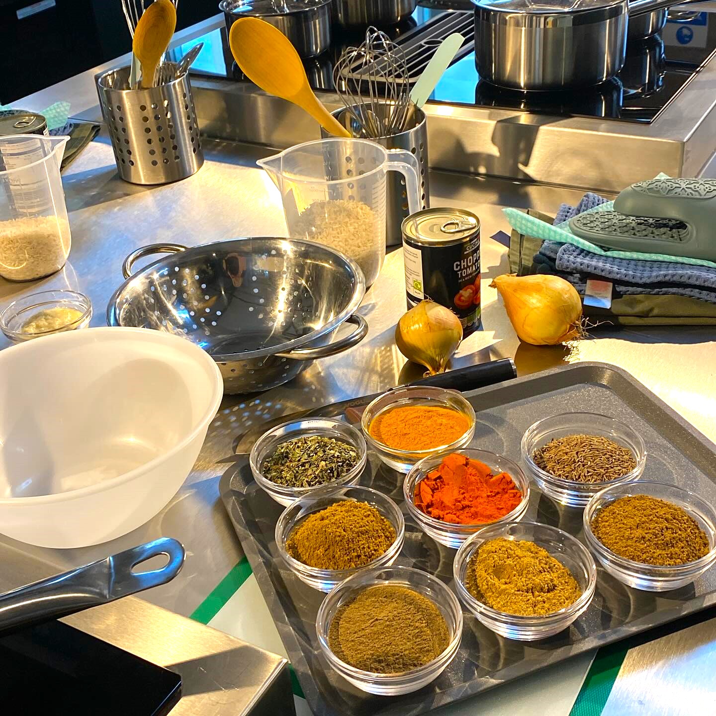 Spices laid out ready for a cooking workshop at the Blend Culinary Foundation.