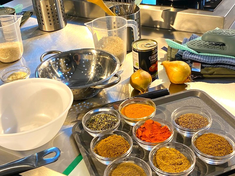 Spices laid out ready for a cooking workshop at the Blend Culinary Foundation.