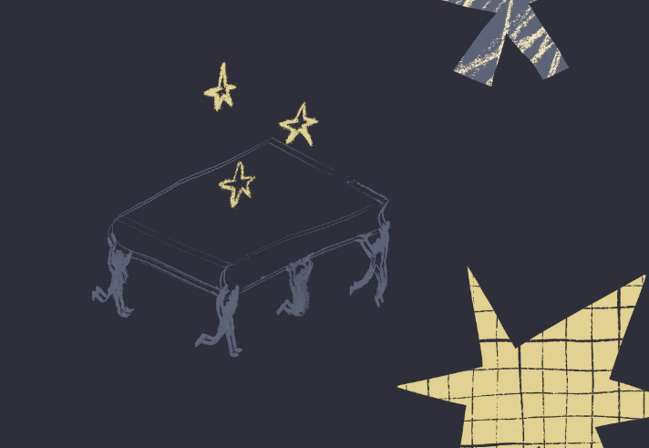 Hand-drawn illustrations of an ottoman and stars, in gold, on a black background.