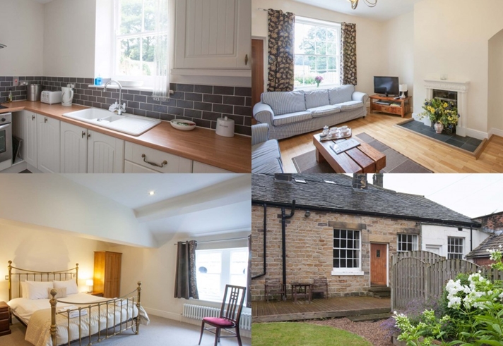 A collage of photos at Wortley Hall Cottages including a modern kitchen, cosy bedroom and comfortable living room and exterior view..