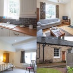 A collage of photos at Wortley Hall Cottages including a modern kitchen, cosy bedroom and comfortable living room and exterior view..