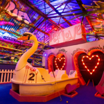 Inside Golf Fang at Sheffield. The décor is bright and cheerful and feels like a fairground.