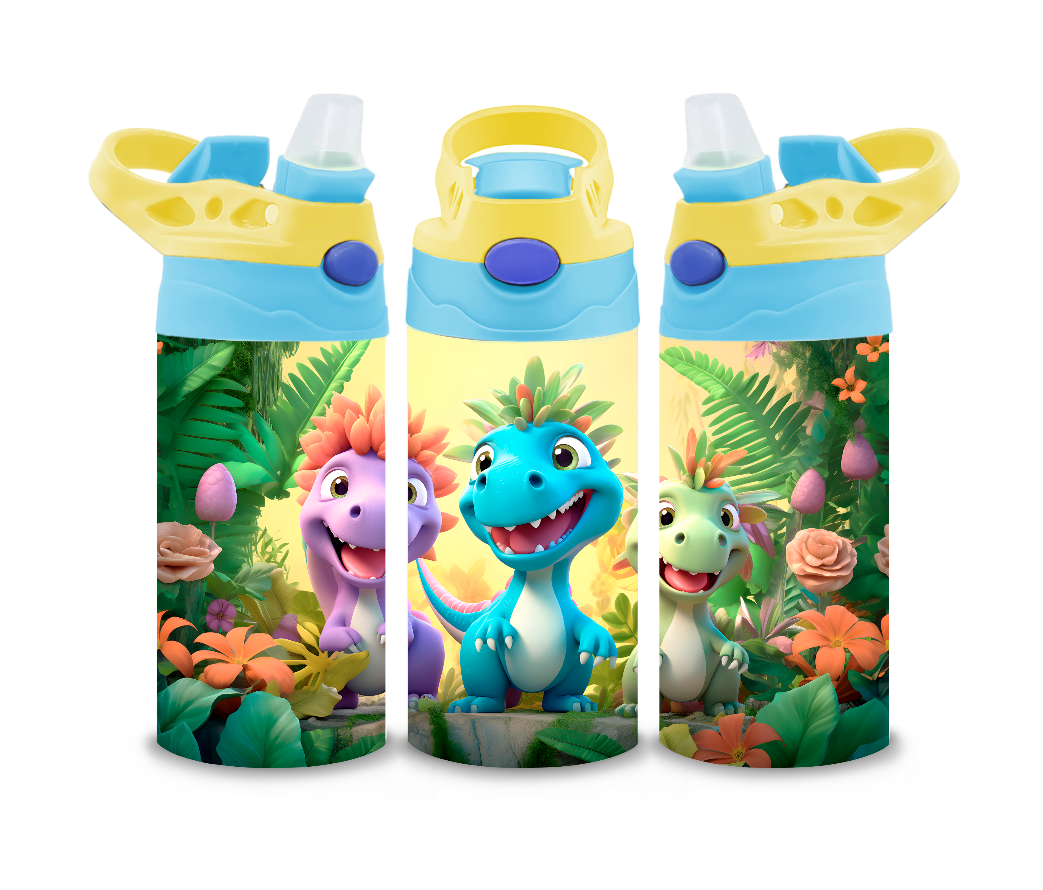 Three children’s water bottles with flip-top lids in yellow and blue, featuring a cheerful jungle-themed design with cartoon dinosaurs in bright colours—purple, blue, and green—surrounded by tropical plants and flowers.
