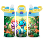 Three children’s water bottles with flip-top lids in yellow and blue, featuring a cheerful jungle-themed design with cartoon dinosaurs in bright colours—purple, blue, and green—surrounded by tropical plants and flowers.