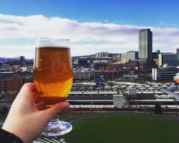 A hand holding a glass of beer in front of the Sheffield skyline on a sunny day.