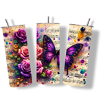 Three tall stainless steel tumblers with metal straws, decorated with vibrant designs of purple butterflies, pink and purple roses, and colorful paint splashes over a musical notes background. The artwork has a bold, artistic feel.