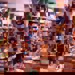 Inside Bird's Yard, the walls are covered in wooden shelves filled with items for sale. 