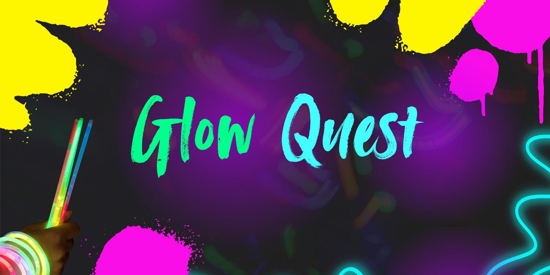 A vibrant graphic with the words “Glow Quest” in bright neon green and blue against a dark background. The design features splashes of yellow and pink paint, glowing neon light effects, and colorful glow sticks held in a hand on the left side. The overall theme is energetic and playful, evoking a fun, glowing adventure or event.