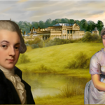 A digitally composed scene featuring two historical-style painted portraits set outdoors against a lush countryside backdrop. On the left is a portrait of an individual wearing dark clothing with a high-collared white shirt, looking toward the viewer. On the right sits another individual in a light-colored Regency-style dress, holding a book while seated beside a calm pond. Behind them is an expansive green landscape with trees and a large stately building on a hill under a soft, cloudy sky.