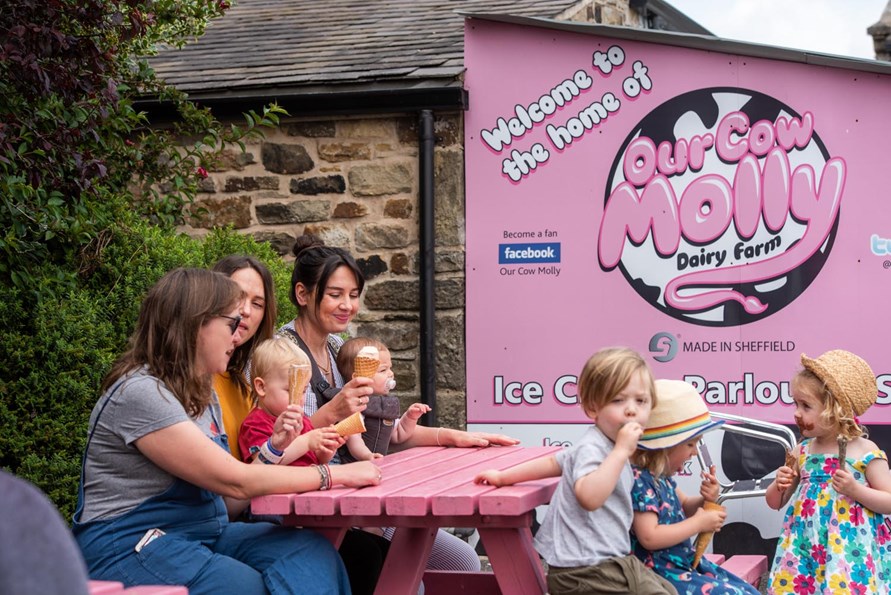 farmFamilies enjoying ice cream on the pink benches at the Our Cow Molly a