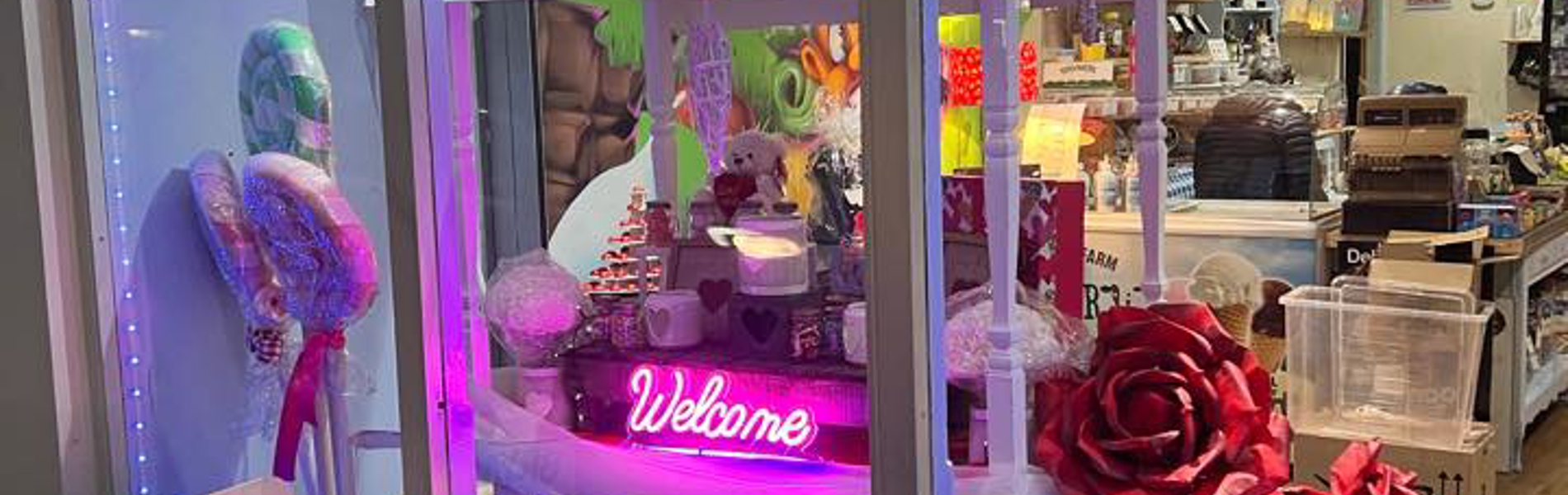 The shop window at Candy Kabin, with a lavish display of sweets and treats.