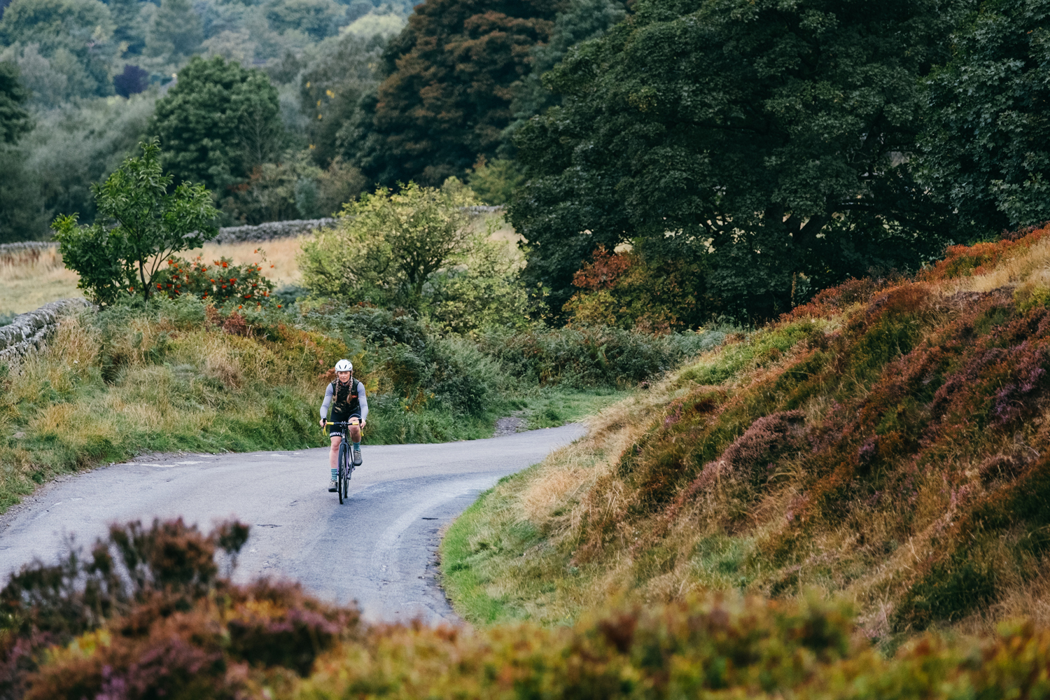 A cyclist on a road bike cycles through the country side.