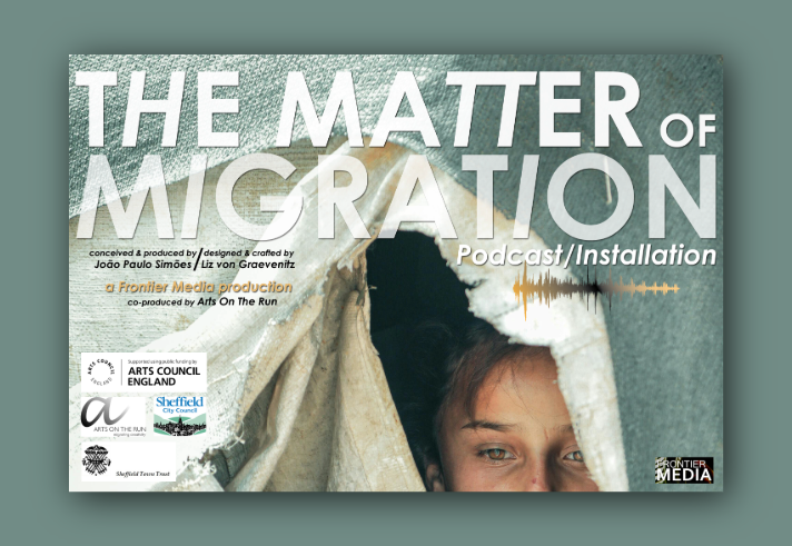Promotional graphic for “The Matter of Migration” podcast and installation, featuring large bold text over a textured backdrop. A torn fabric opening reveals a dark interior, while logos of supporting organisations appear along the bottom. Sound‑wave graphics accompany the title, with production credits listed on the left