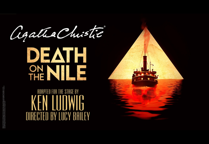 promo poster for Agatha Christie's Death On The Nile, with an illustration of an old fashioned steamer.