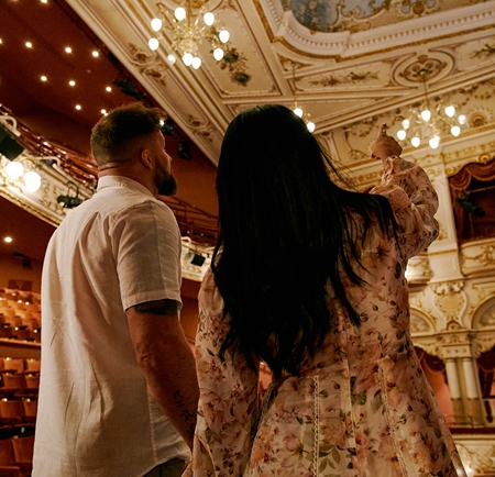 Couple looking up at the interior of the ornate Lyceum Theatre, Sheffield