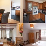 Four interior photos of Wortley Hall Cottages including a modern kitchen, cosy bedroom, stylish dining room, and comfortable living room.