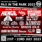 A promo poster for Pax In The Park 2023 listing all the bands who are playing.