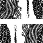 An abstract black and white image of braided hair.