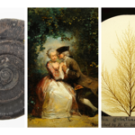 A composite image showing three items: on the left, a dark fossil with a spiral shell pattern; in the center, a classic painting of two people seated outdoors in historical attire, surrounded by greenery; on the right, a delicate tree-like structure displayed against a light circular background with handwritten text partially visible at the bottom.