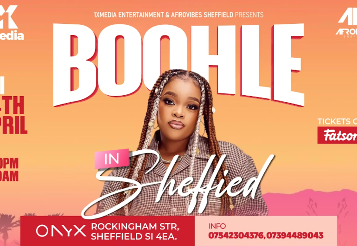 Poster for the event listing the details alongside a photo of Boohle, the South African singer and songwriter, best known for her soulful voice in Amapiano and Afro-house music.