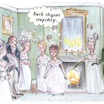 Illustration of a Regency-era drawing room with green walls, ornate gold-framed mirror, and a lit fireplace. Seven people in elegant period clothing stand in conversation. One figure in the center wears a white gown and has a thought bubble that reads: “Such elegant stupidity.” The room is decorated with framed pictures and candlelight reflected in the mirror.