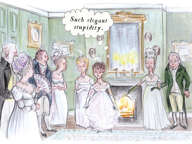 Illustration of a Regency-era drawing room with green walls, ornate gold-framed mirror, and a lit fireplace. Seven people in elegant period clothing stand in conversation. One figure in the center wears a white gown and has a thought bubble that reads: “Such elegant stupidity.” The room is decorated with framed pictures and candlelight reflected in the mirror.