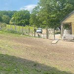 A fenced in grass area plus a bench and a wooden building at Rivelin Valley Dog Park.