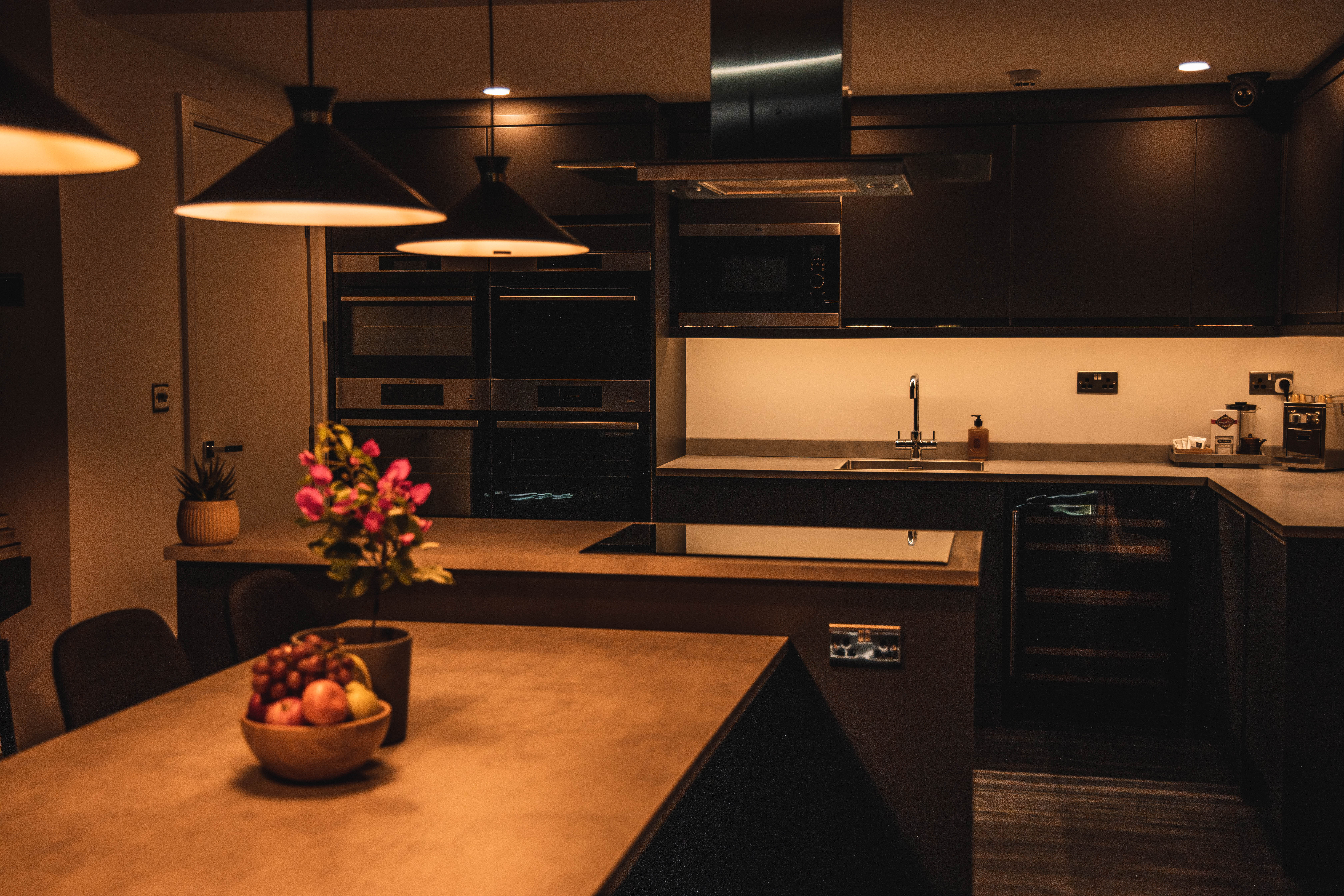 A beautiful kitchen with a 10-seat table.