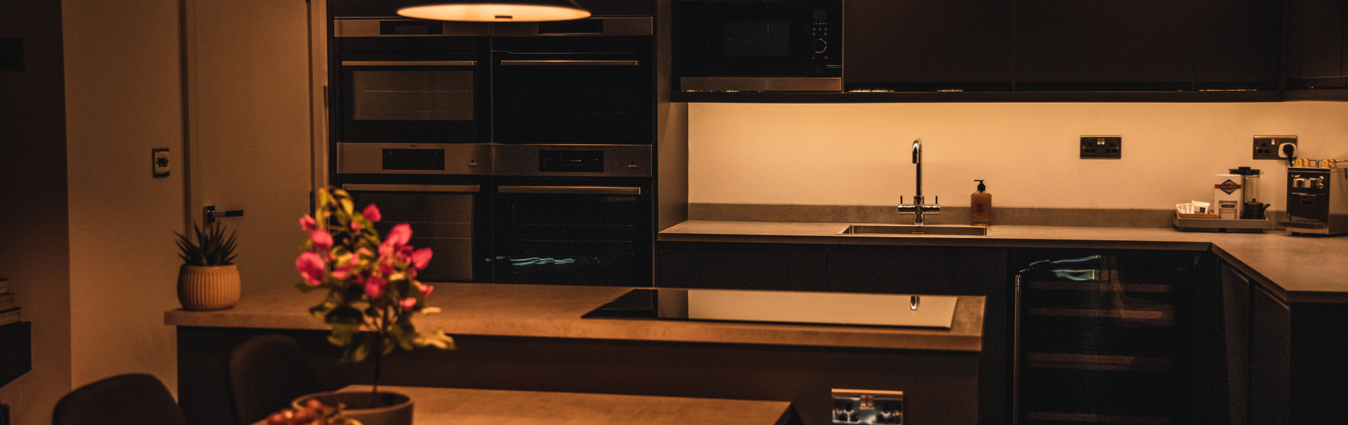 A beautiful kitchen with a 10-seat table.