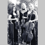 Black and white promo shot of the trio Simply Strings in an outdoor setting. One holds a cello and the other two hold violins.