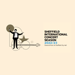 Logo for the Sheffield International Concert Season 2022 - 2023, featuring an illustration of a musician in black tie holding a baton in front of a cello lying on its side. 