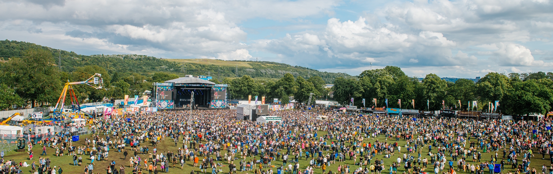 Sunny aerial shot looking down on the Tramlines main stage area