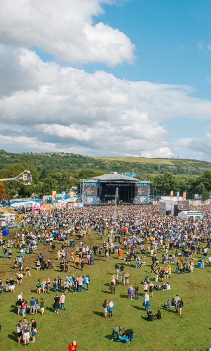 Sunny aerial shot looking down on the Tramlines main stage area