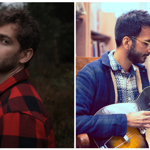 A split image showing two different scenes: On the left, a person wearing a red-and-black checkered flannel shirt stands outdoors in a forested area with muted, natural lighting. On the right, a person sits indoors in a cozy library or bookstore setting, holding and playing an acoustic guitar while seated near bookshelves. Credit: Abbie Barton