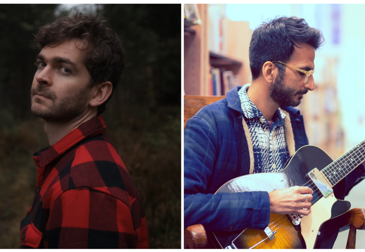 A split image showing two different scenes: On the left, a person wearing a red-and-black checkered flannel shirt stands outdoors in a forested area with muted, natural lighting. On the right, a person sits indoors in a cozy library or bookstore setting, holding and playing an acoustic guitar while seated near bookshelves. Credit: Abbie Barton
