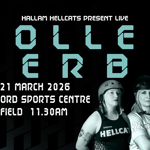 Poster for the event listing all the details along with two people in full roller-derby gear.