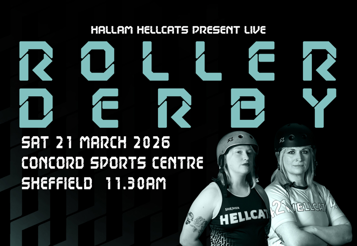 Poster for the event listing all the details along with two people in full roller-derby gear.