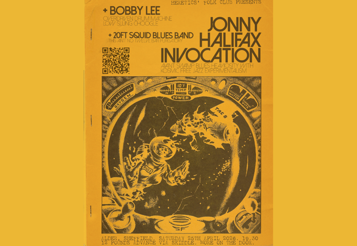 Poster for the event listing the bands playing along side a drawing of a damaged spaceship floating in space with a skeleton in a spacesuit in the foreground.
