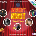 Poster for the event with the words 'COMEDY NIGHT' spelt out in lights in front of a red Theatre style curtain.