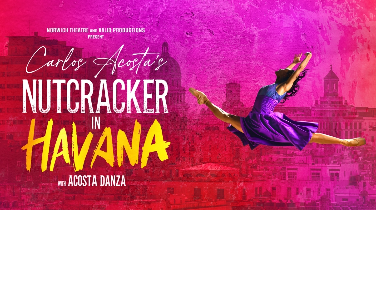 Poster for Carlos Acosta's Nutcracker in Havana, with a photo of Havana and a jumping ballerina superimposed over it.