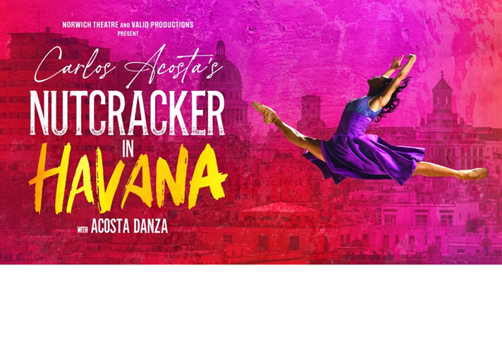 Poster for Carlos Acosta's Nutcracker in Havana, with a photo of Havana and a jumping ballerina superimposed over it.