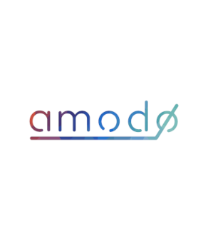Logo with the word “amodo” in a modern, rounded font featuring a gradient color scheme transitioning from red to blue. The final letter “o” is stylised with a diagonal line crossing through it, and a horizontal line runs beneath the text, extending from left to right.