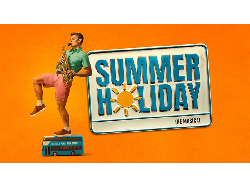 A man, playing a saxophone, leans against a huge number plate that reads "Summer Holiday - The Musical".