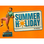 A man, playing a saxophone, leans against a huge number plate that reads "Summer Holiday - The Musical".