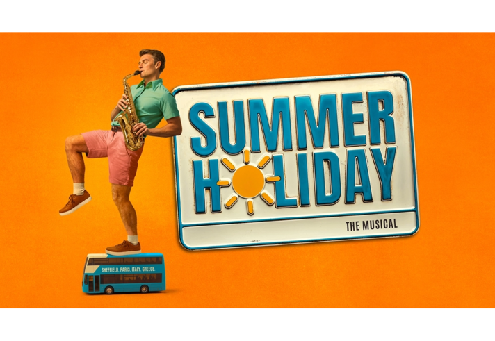A man, playing a saxophone, leans against a huge number plate that reads "Summer Holiday - The Musical".