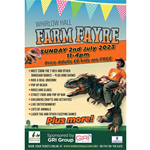 A poster for the Whirlow Hall Farm Fayre that has text for the dates and a list of all the things going on. There is a cartoon of a cowboy riding a dinosaur. 